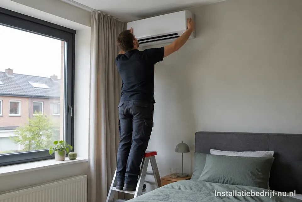 Monteur hangt de binnenunit van een airco op